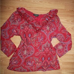 Ralph Lauren Red Paisley Blouse with Ruffles